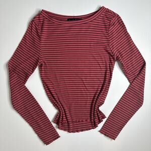 Y2K Derek Heart Striped Long Sleeve Top Medium M Ribbed Knit Lettuce Hem Grunge